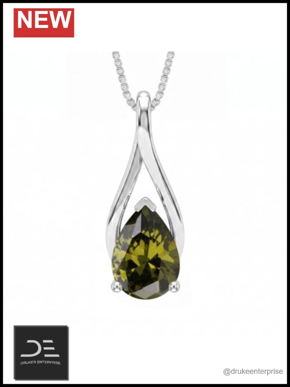 14K White Gold Plated Peridot Teardrop Birthstone Pendant Necklace with 18"+2"